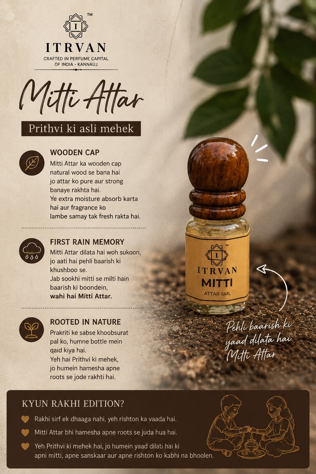 Mitti Attar Raksha Bandhan Gift Edition | Scent of Rain | Gift with Rakhi Card | Alcohol Free Natural Itra For Men And Women| 6ml Itrvan Perfumes